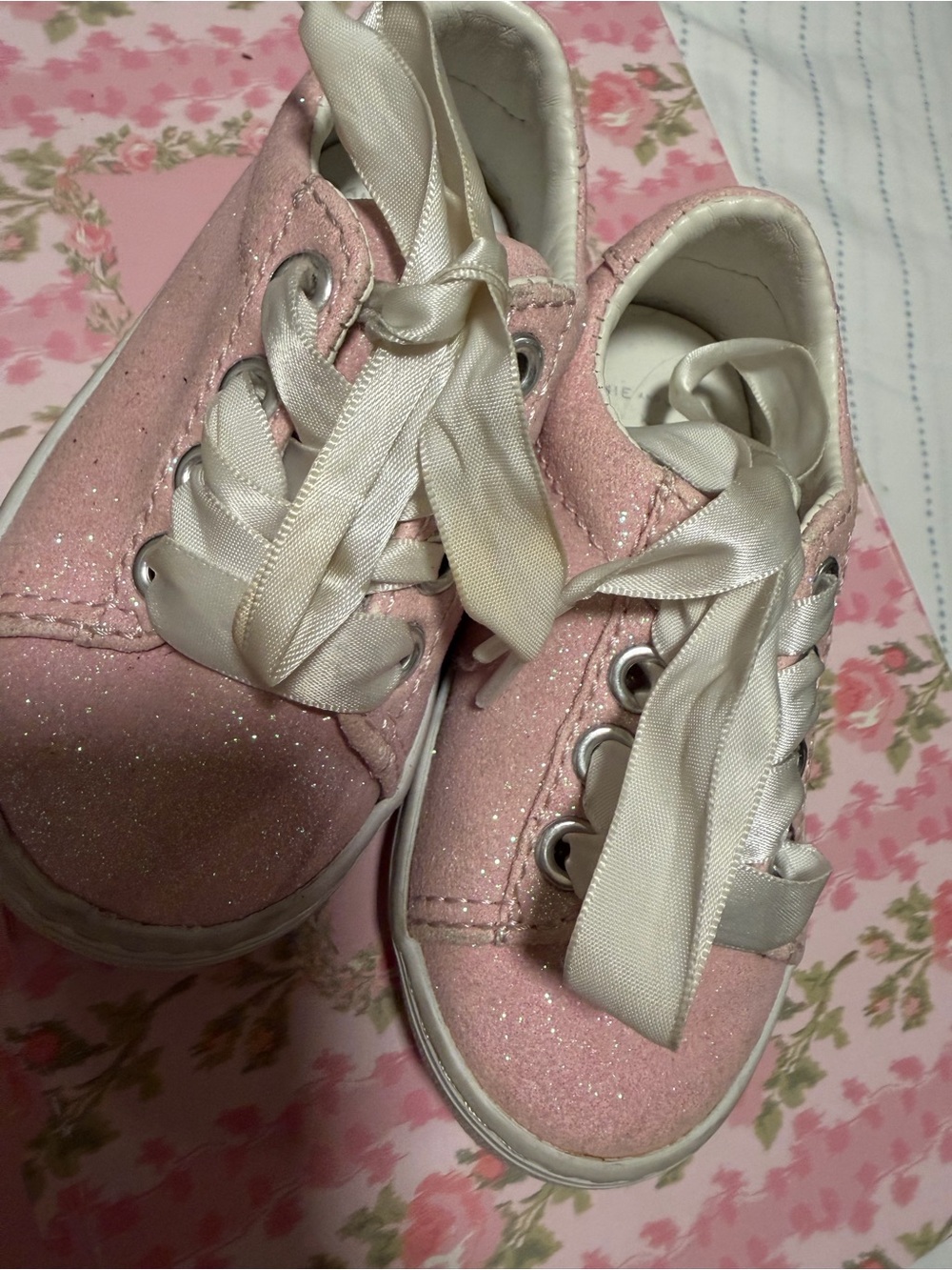 Janie and Jack Pink Glitter Sneakers with Satin Ribbon Laces